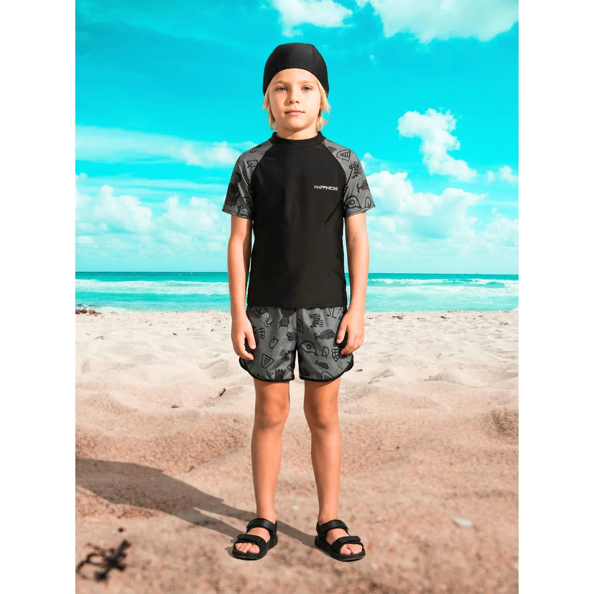 LIKE SHOP - Conjunto De Baño Hombre Juvenil Short Polera Y Gorro Secado Rápido 8002