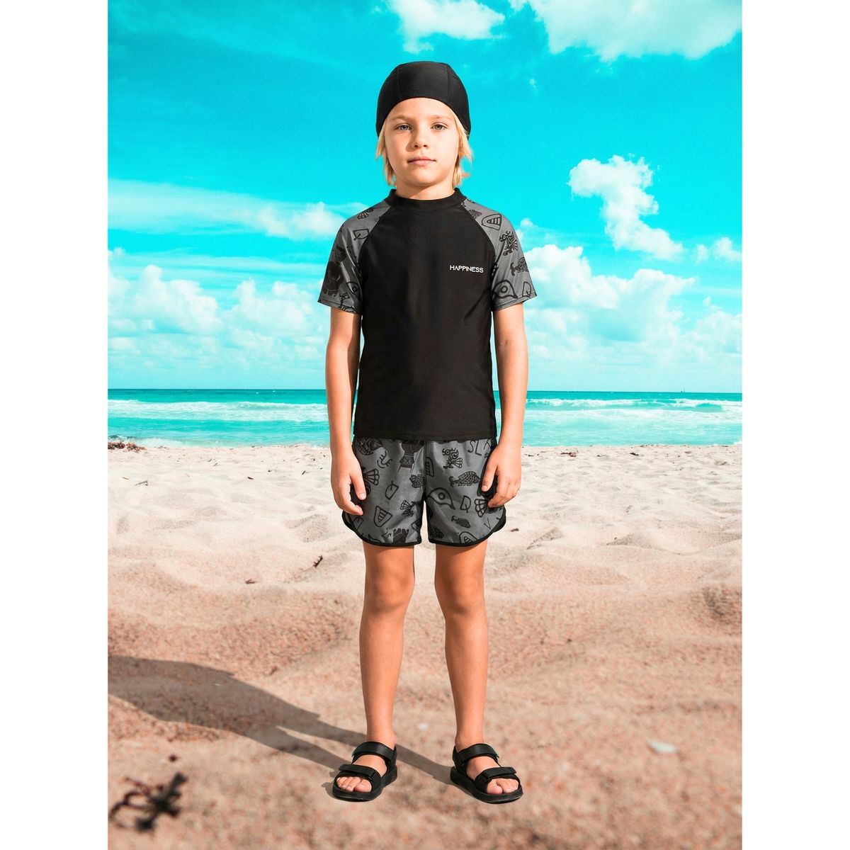 LIKE SHOP - Conjunto De Baño Hombre Juvenil Short Polera Y Gorro Secado Rápido 8002