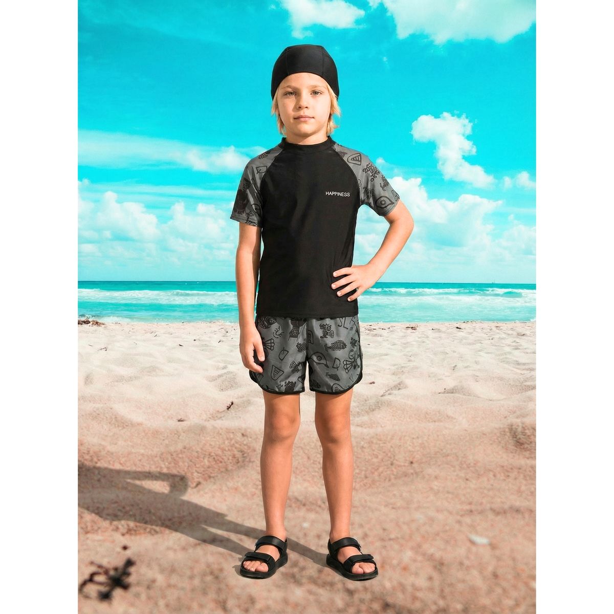 LIKE SHOP - Conjunto De Baño Hombre Juvenil Short Polera Y Gorro Secado Rápido 8002