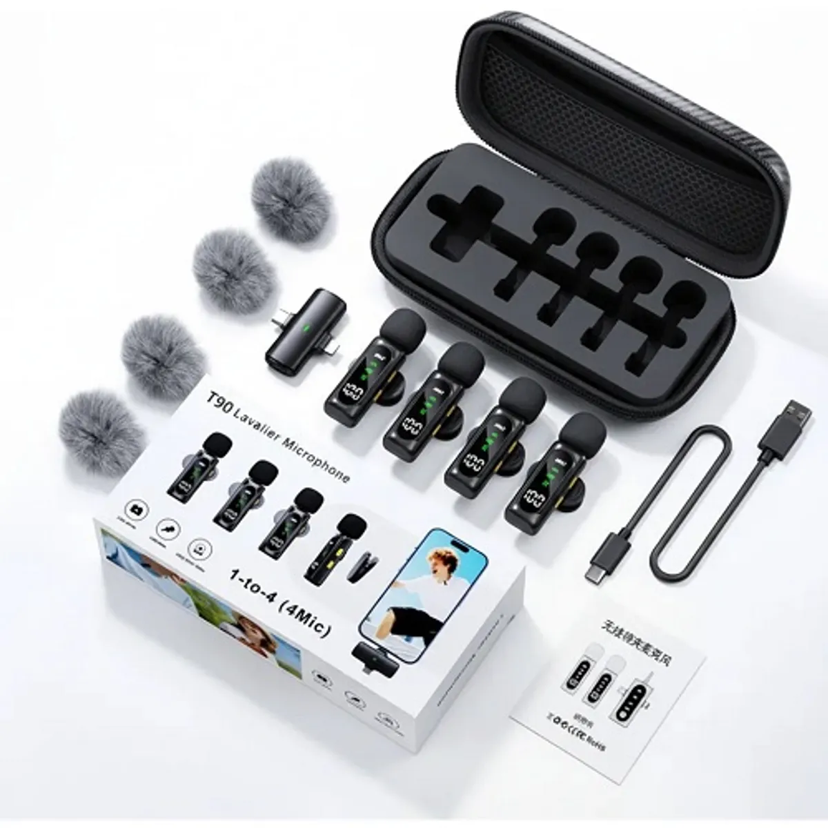 GENERICO - Kit 4 Micrófonos Lavalier Inalámbricos T90 Usb-c iPhone