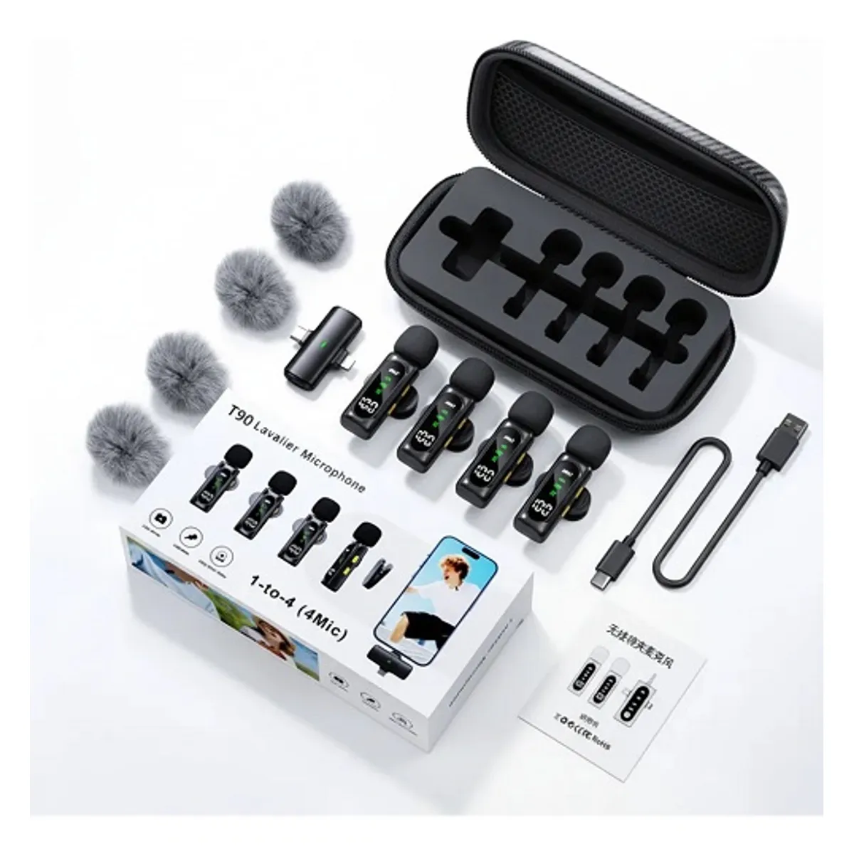 GENERICO - Kit 4 Micrófonos Lavalier Inalámbricos T90 Usb-c iPhone
