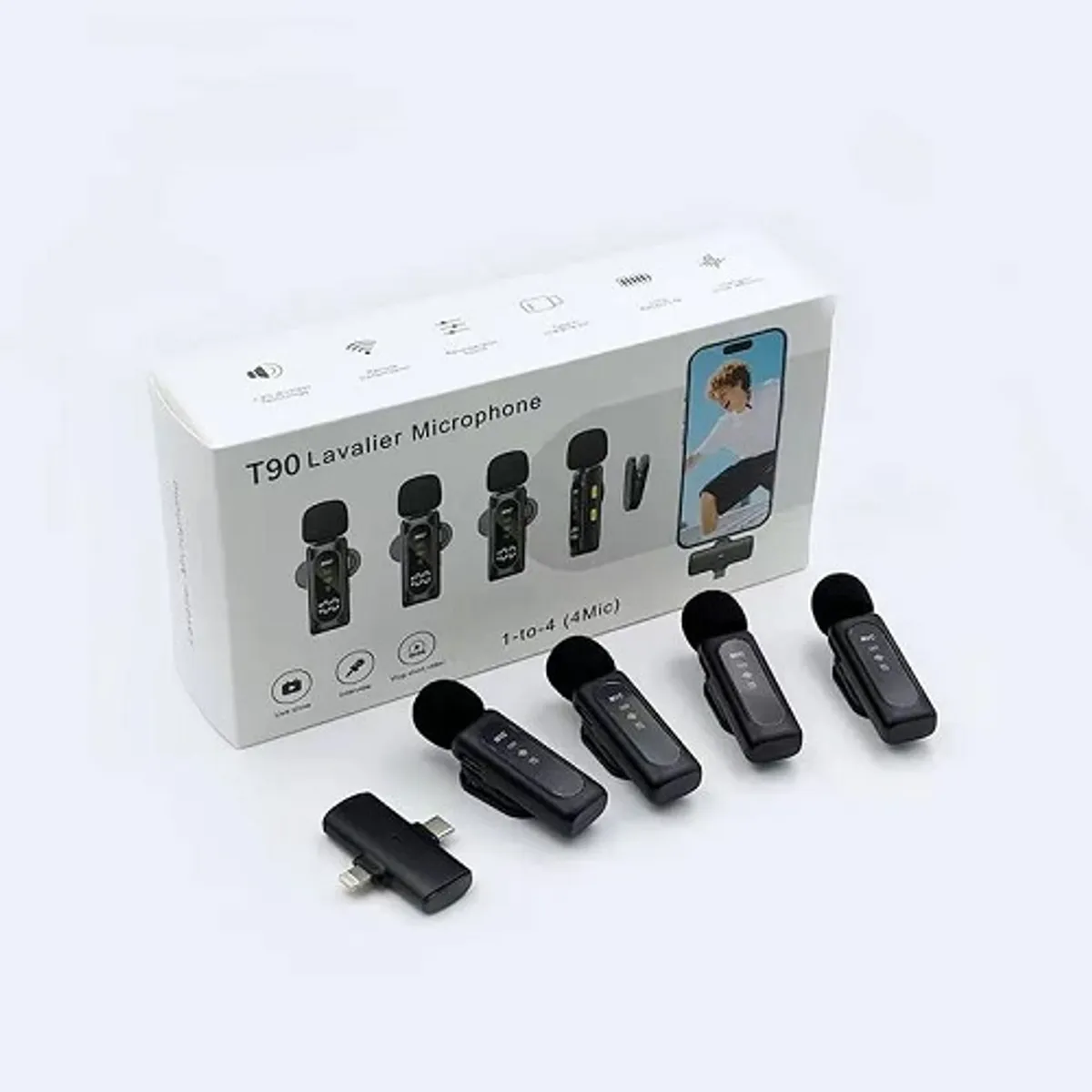 GENERICO - Kit 4 Micrófonos Lavalier Inalámbricos T90 Usb-c iPhone