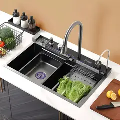 GENERICO - Lavatrastos Fregadero Acero Inoxidable Lavaplatos Cascacon Grifo Led Multimodal 75*46*22cm FIGOIMPORT