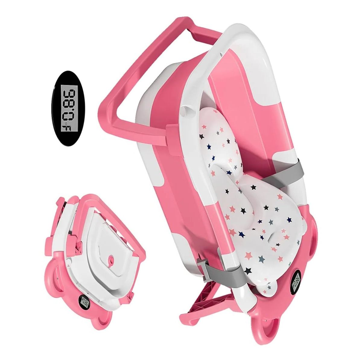 GENERICO - Bañera Tina Baño Bebe Plegable Portátil con Cojín Termometro Color Rosa BELUG