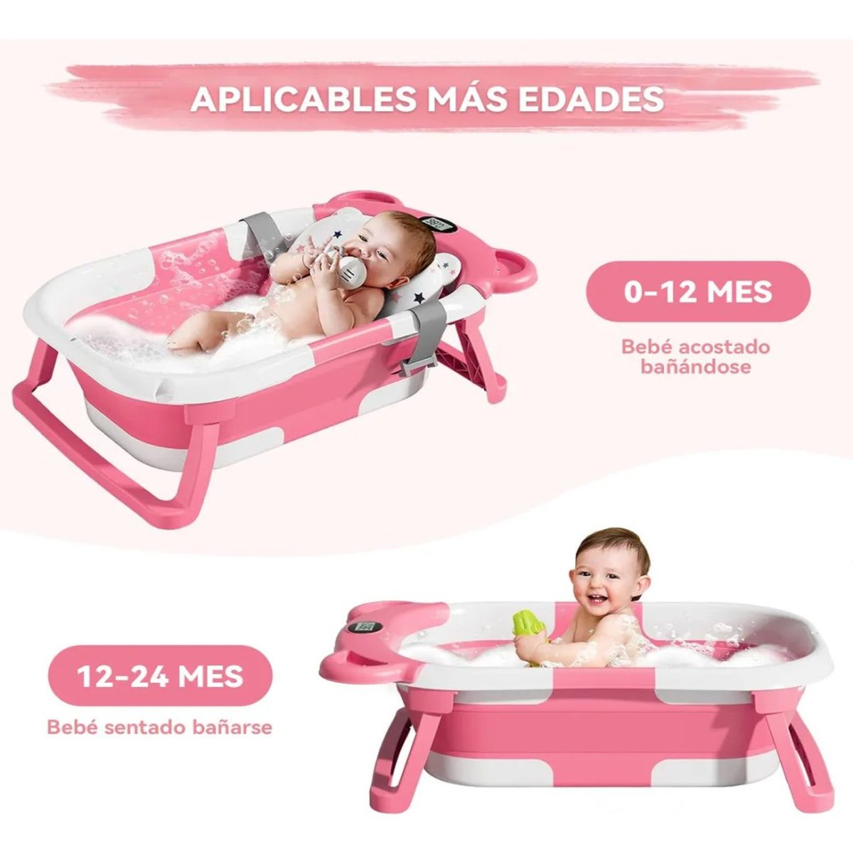 GENERICO - Bañera Tina Baño Bebe Plegable Portátil con Cojín Termometro Color Rosa BELUG