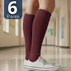 UTILISIMO - Pack 6 Calcetínes Escolares Largo Acrílico Burdeo Niñas Juvenil Color Vino