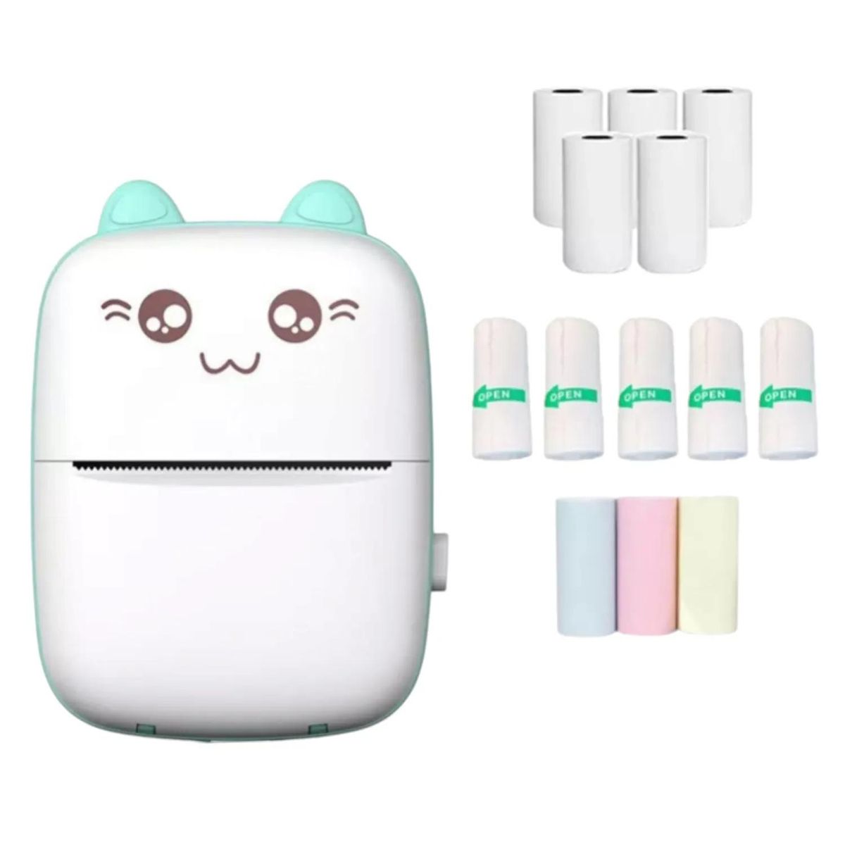 BIGBAMSPACE - Mini Impresora Térmica Portátil Bluetooth Gatito 6 Rollos