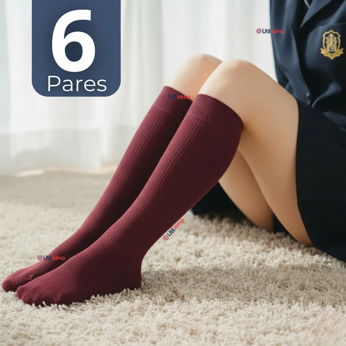 UTILISIMO - Pack 6 Calcetínes Escolares Largo Acrílico Burdeo Niñas Juvenil Color Vino