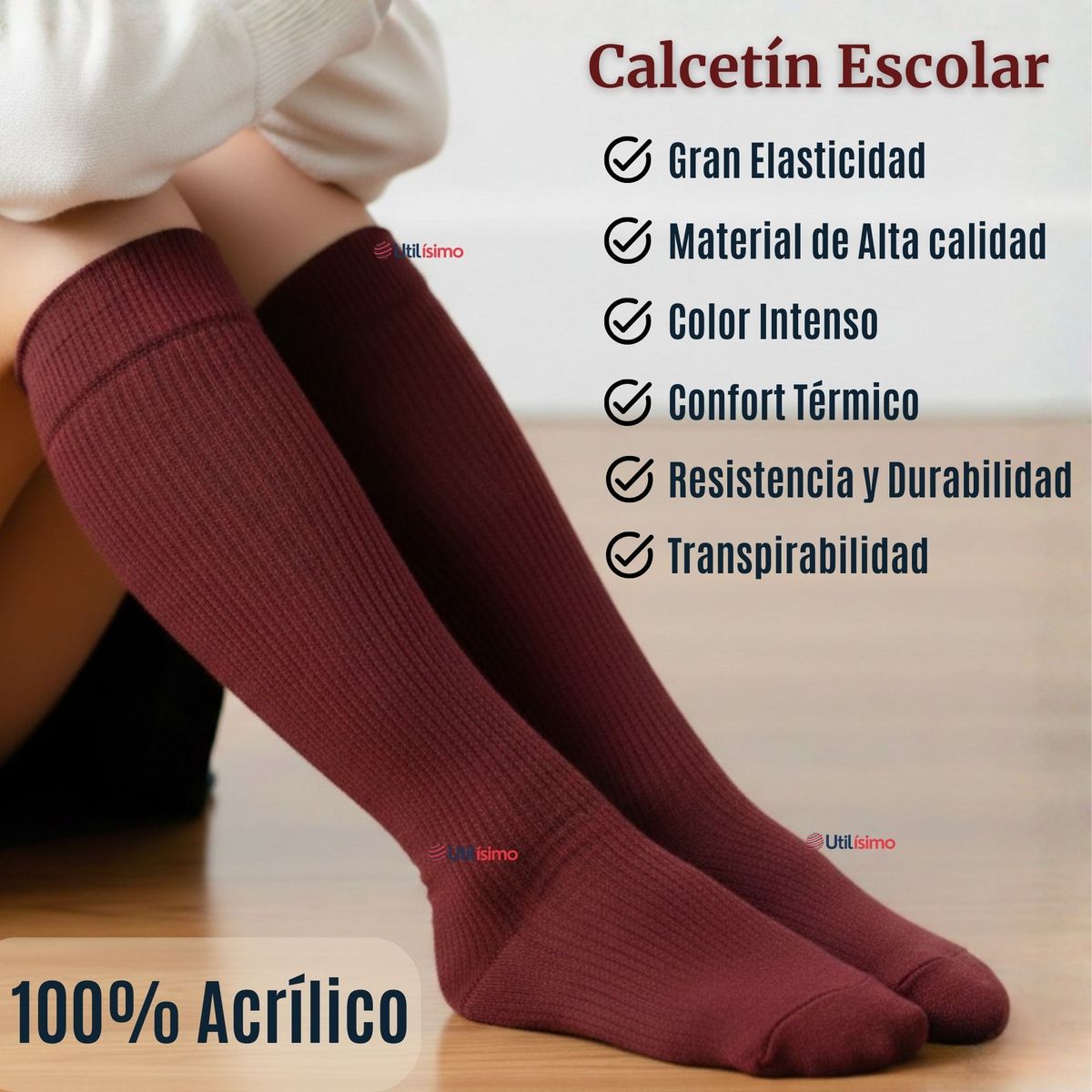 UTILISIMO - Pack 6 Calcetínes Escolares Largo Acrílico Burdeo Niñas Juvenil Color Vino