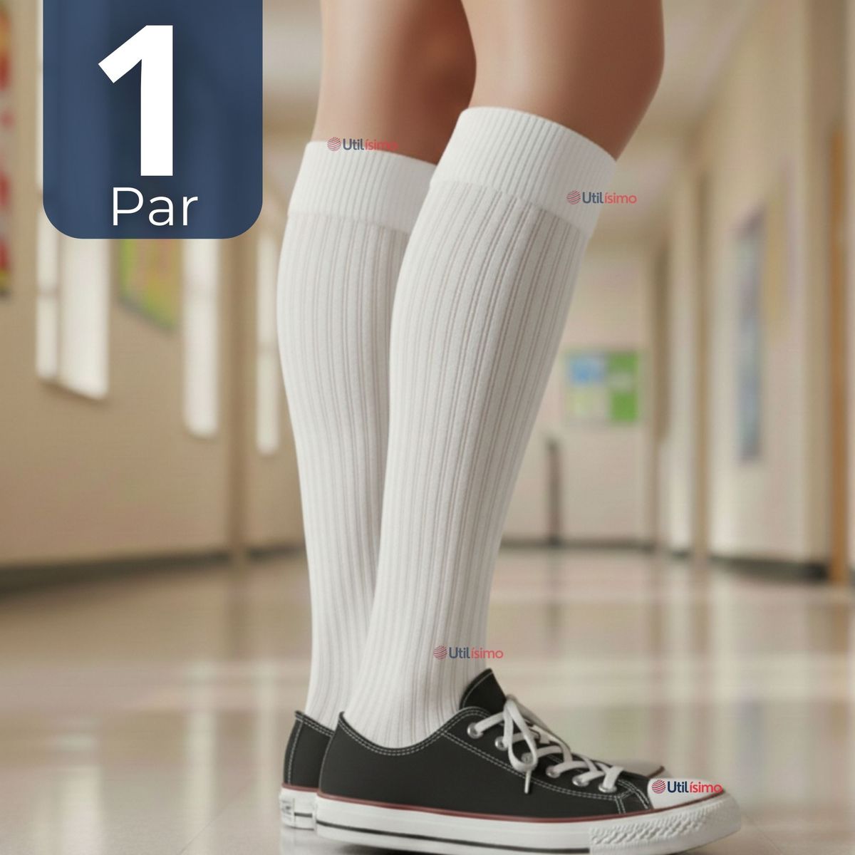 UTILISIMO - Calcetín Escolar Largo Acrílico Blanco Niñas Juvenil