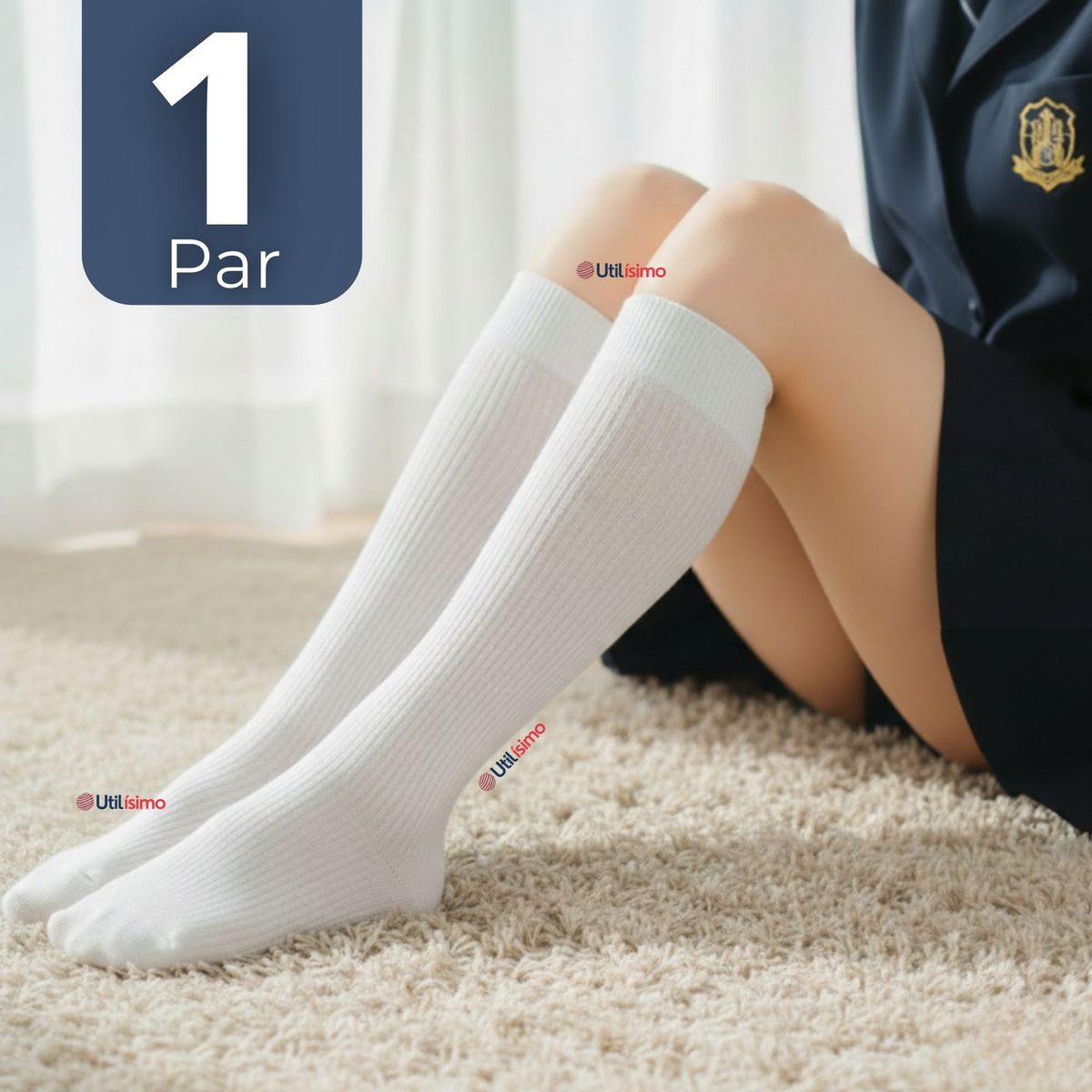 UTILISIMO - Calcetín Escolar Largo Acrílico Blanco Niñas Juvenil