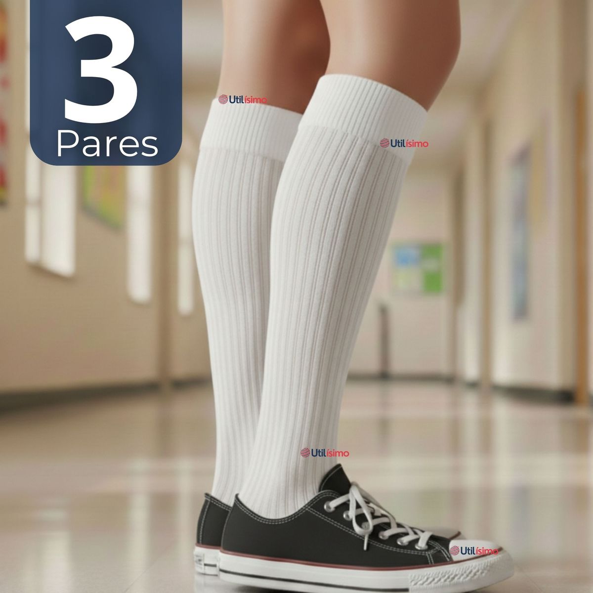 UTILISIMO - Pack 3 Calcetínes Escolares Largo Acrílico Blanco Niñas Juvenil