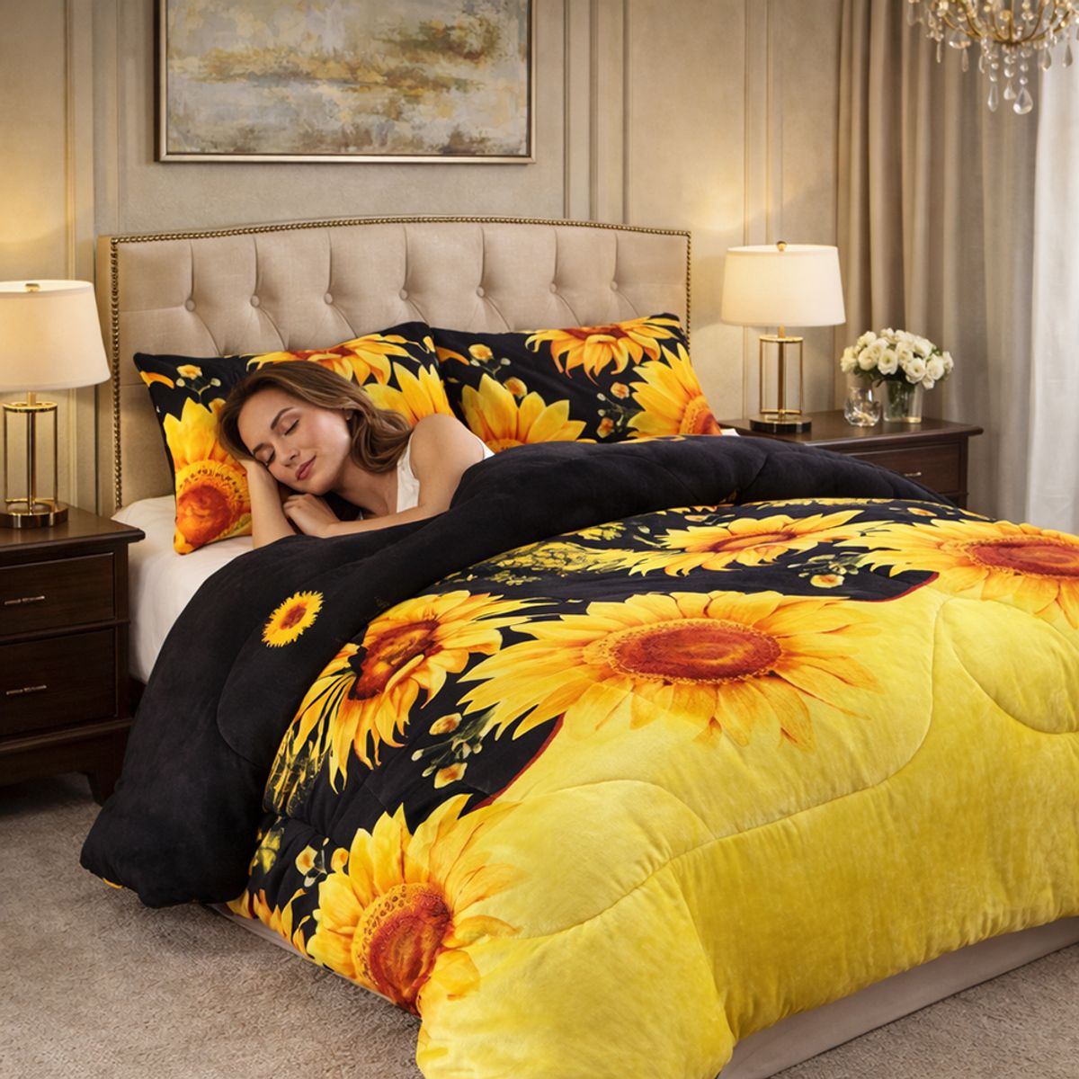 GENERICO - Cobertor de Invierno con Chiporro Plush Amarillo con Girasoles