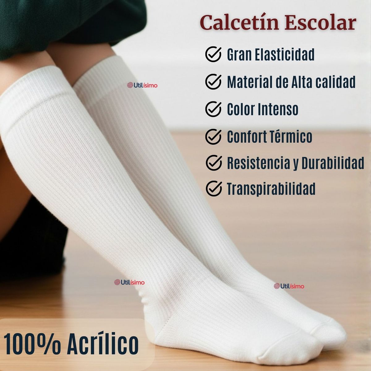 UTILISIMO - Pack 3 Calcetínes Escolares Largo Acrílico Blanco Niñas Juvenil