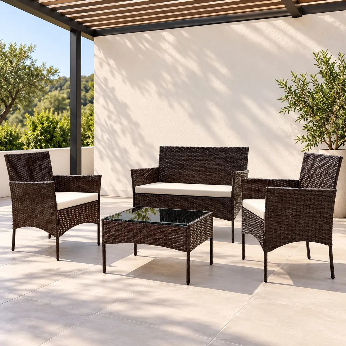 VINCENZI - Set Juego De Terraza 4pcs Mesa Sillas Sillon Rattan Vincenzi