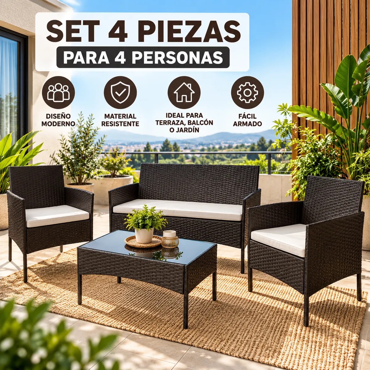 VINCENZI - Set Juego De Terraza 4pcs Mesa Sillas Sillon Rattan Vincenzi