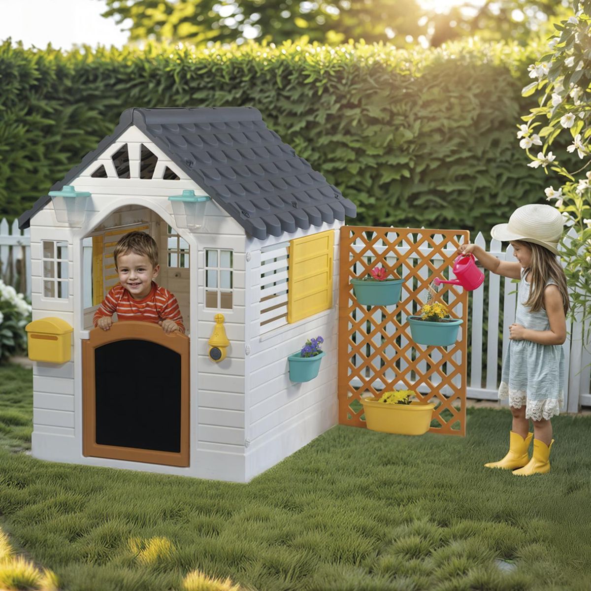 DOLU - Casa de juego blanca gris con valla 127 x140x107.5cm Dolu