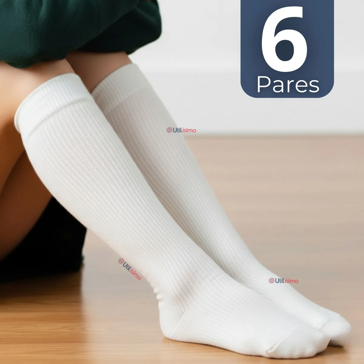 UTILISIMO - Pack 6 Calcetínes Escolares Largo Acrílico Blanco Niñas Juvenil