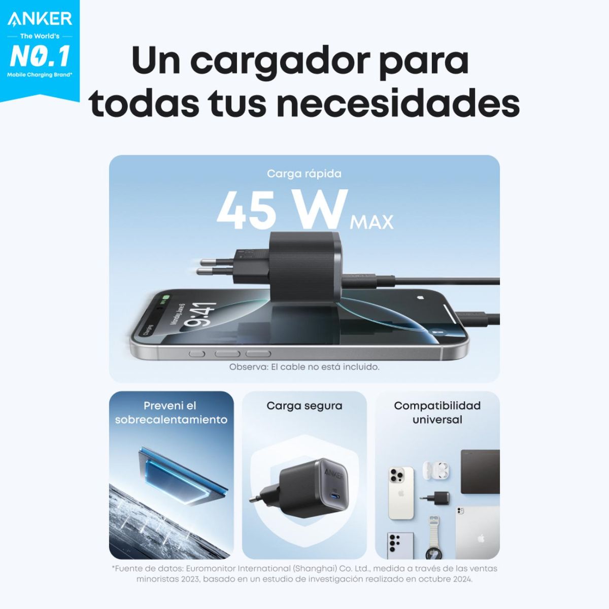 ANKER - Cargador Carga Rápida Anker Nano 45W GaN PIQ 3.0 USB-C