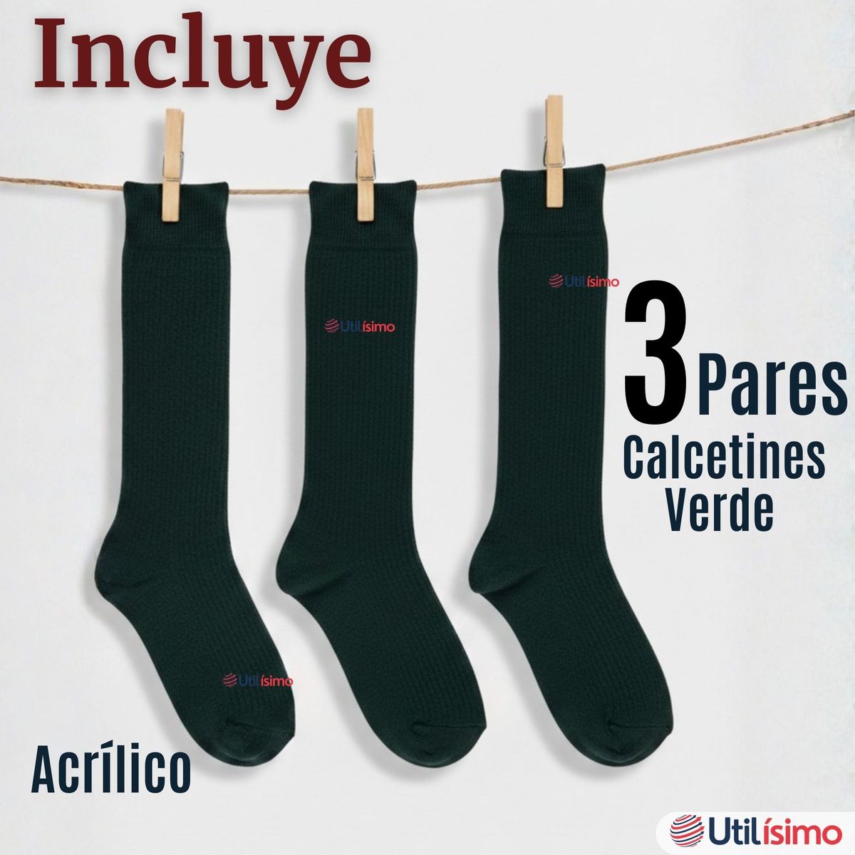 UTILISIMO - Pack 3 Calcetínes Escolares Largo Acrílico Verde Niñas Juvenil