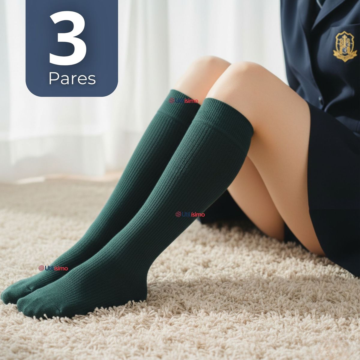 UTILISIMO - Pack 3 Calcetínes Escolares Largo Acrílico Verde Niñas Juvenil