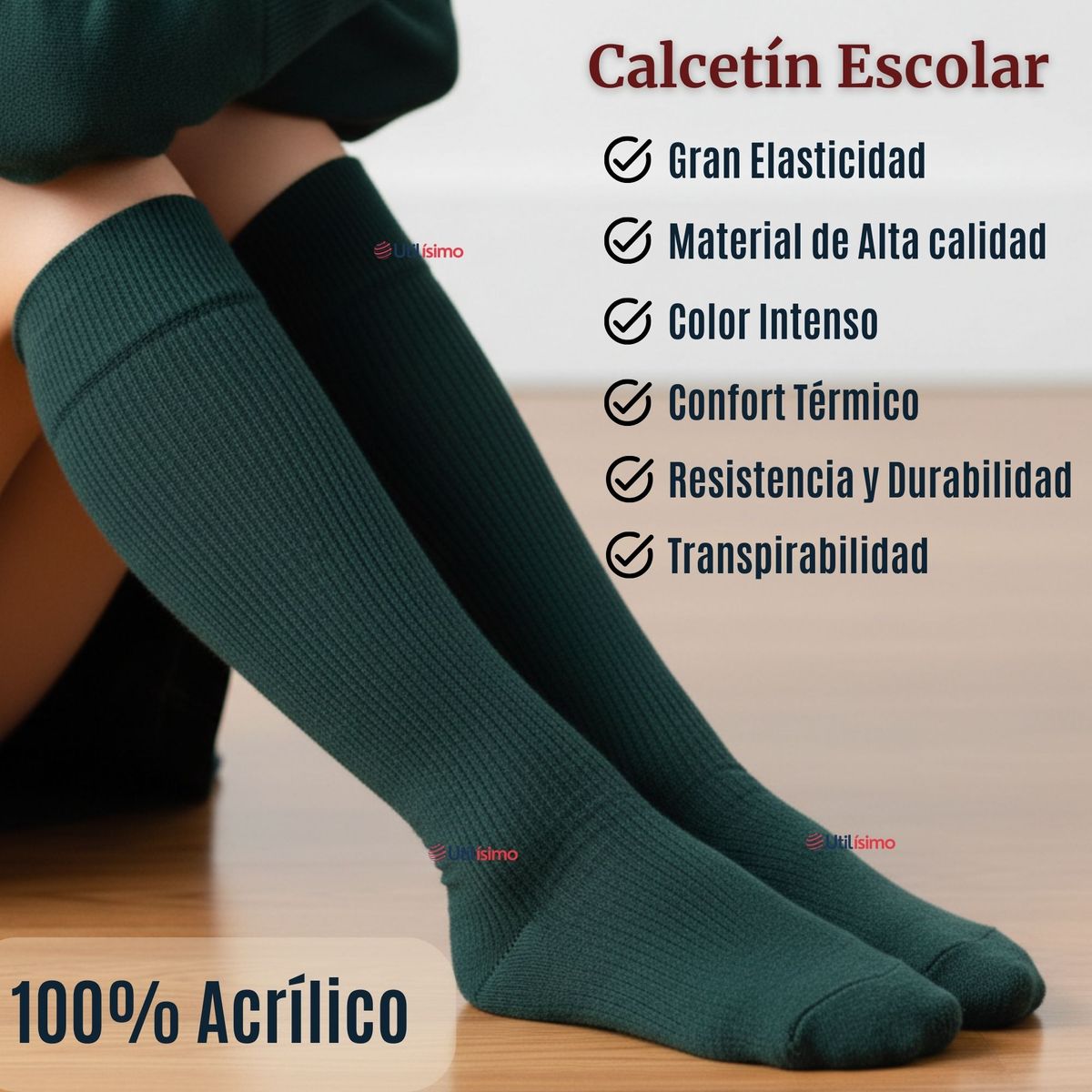 UTILISIMO - Pack 6 Calcetínes Escolares Largo Acrílico Verde Niñas Juvenil