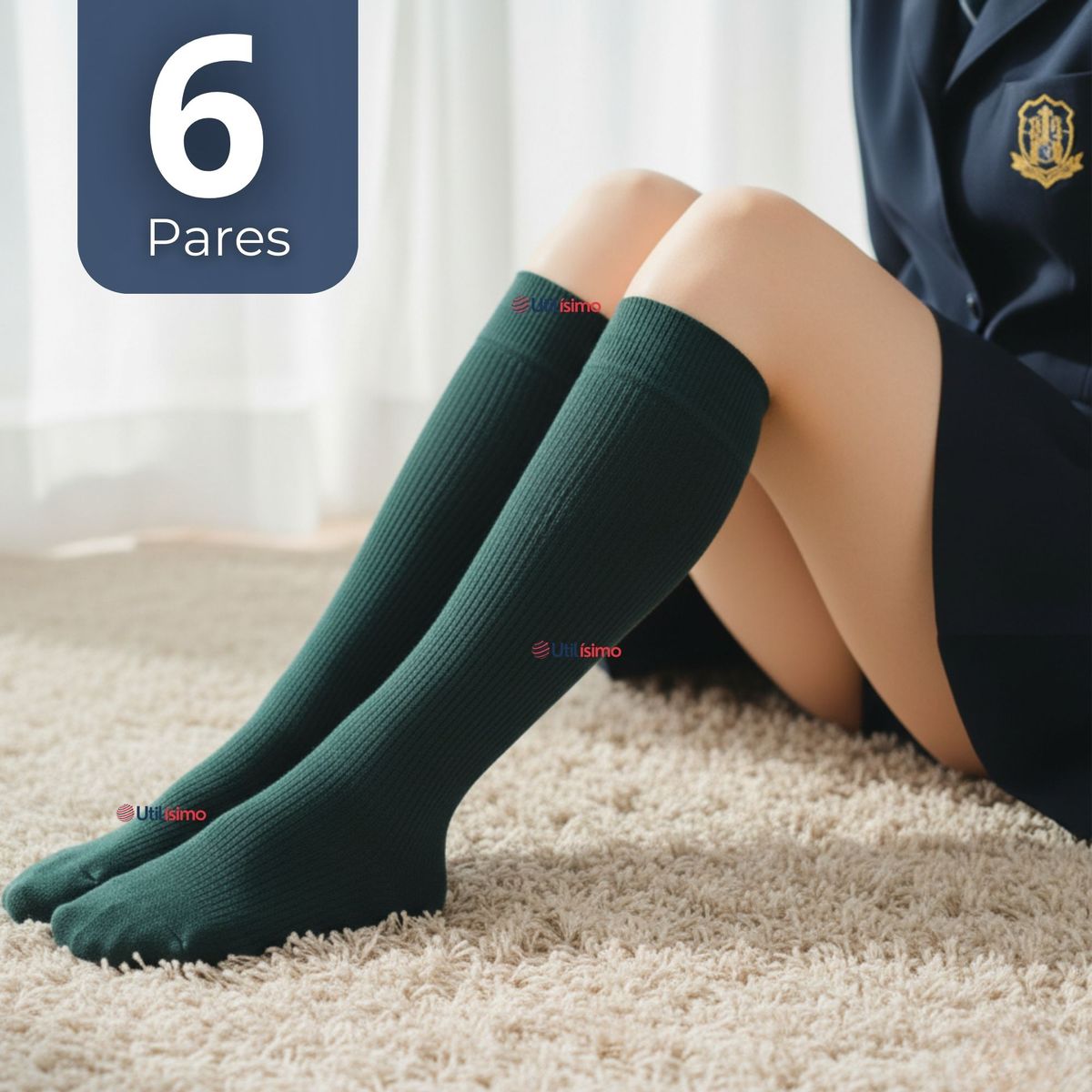 UTILISIMO - Pack 6 Calcetínes Escolares Largo Acrílico Verde Niñas Juvenil