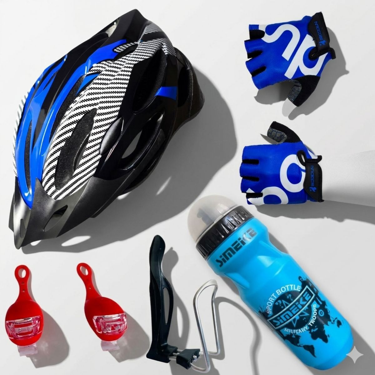 GENERICO - Casco Ciclismo Adulto + Guantes+ Luz+ Botella+ Caramayola