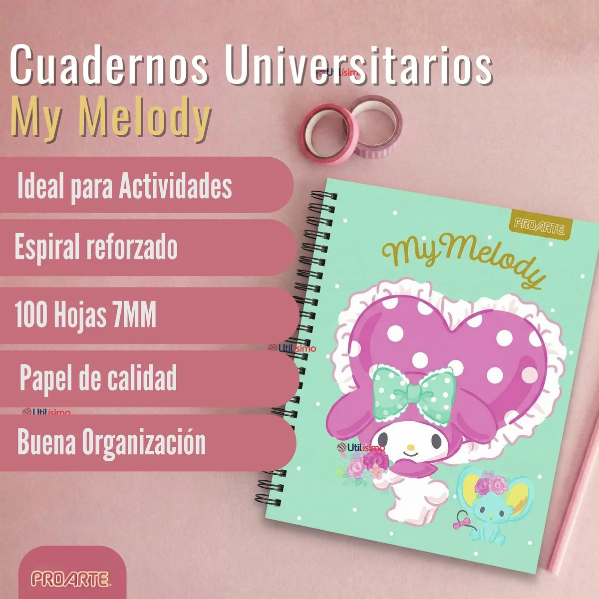 PROARTE - Pack 5 Cuadernos Universitarios My Melody 100 Hojas Proarte Diseños Surtidos