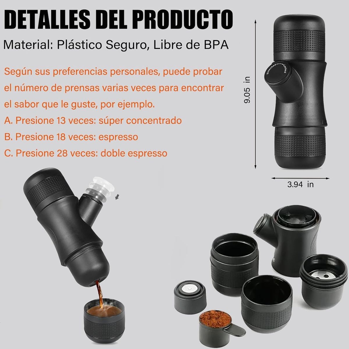 KUANGYE - Cafetera de ManoCafetera Espresso Portatil Manual Ideal para Camping Senderismo y Viajes