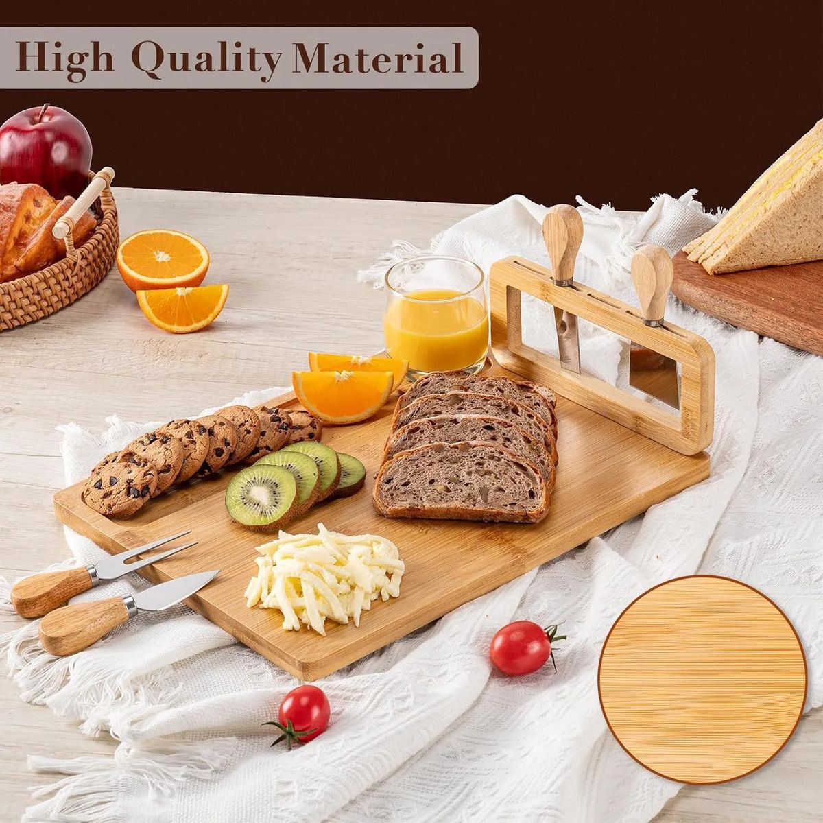 EVERSO - Tabla Para Picar Queso De Madera Bambú + 4 Utensilios