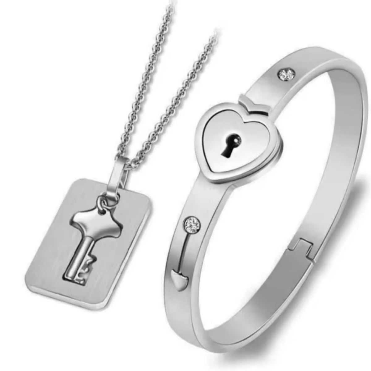 GENERICO - Set de Joyería para Parejas - Collar Llave y Pulsera Candado de Corazón