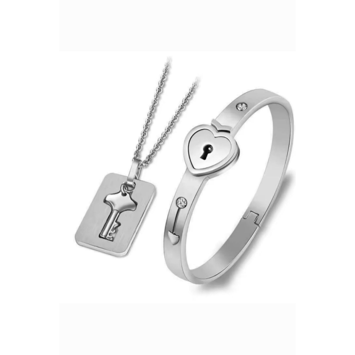 GENERICO - Set de Joyería para Parejas - Collar Llave y Pulsera Candado de Corazón