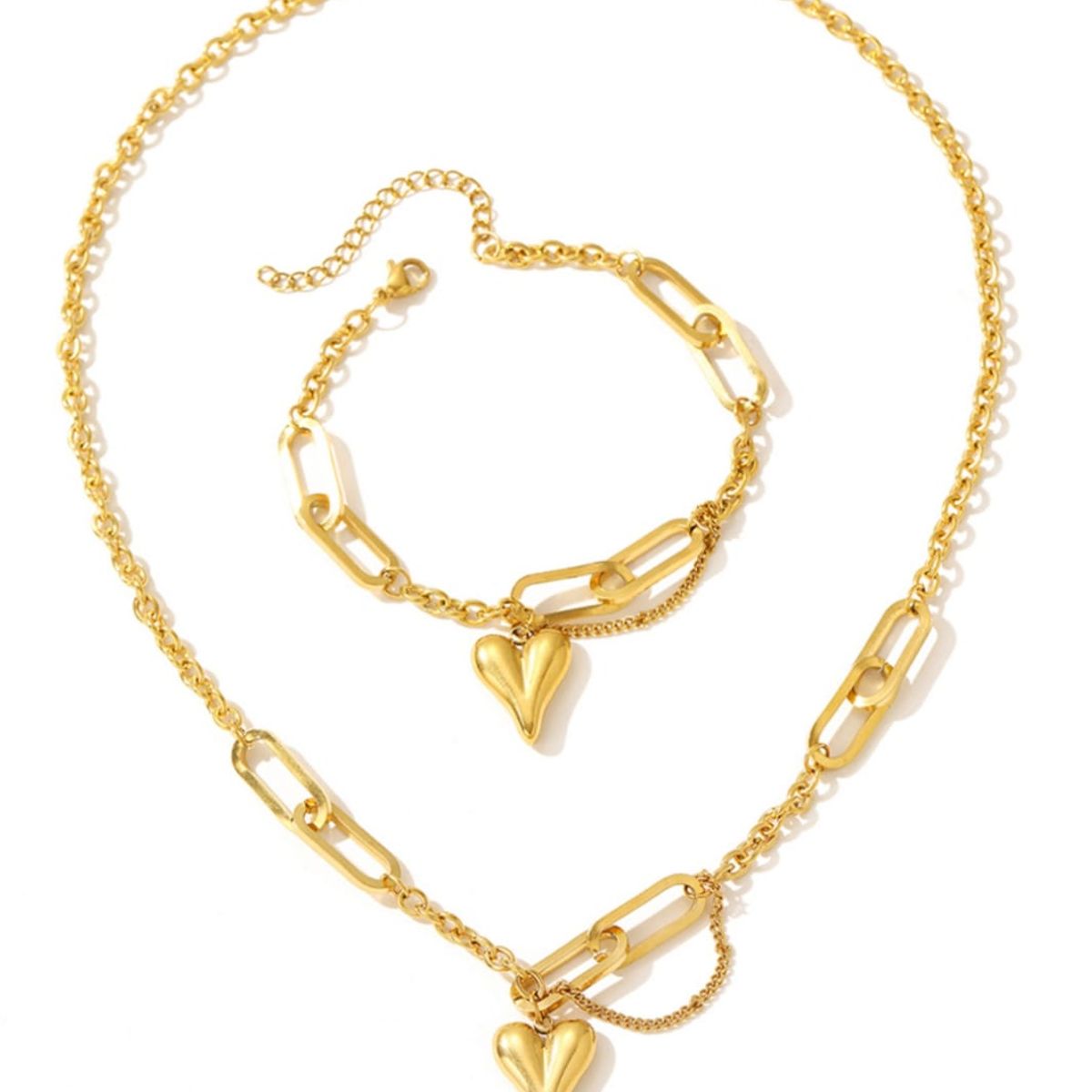 GENERICO - Set de Collar y Pulsera Corazón Gold - Acero Quirúrgico