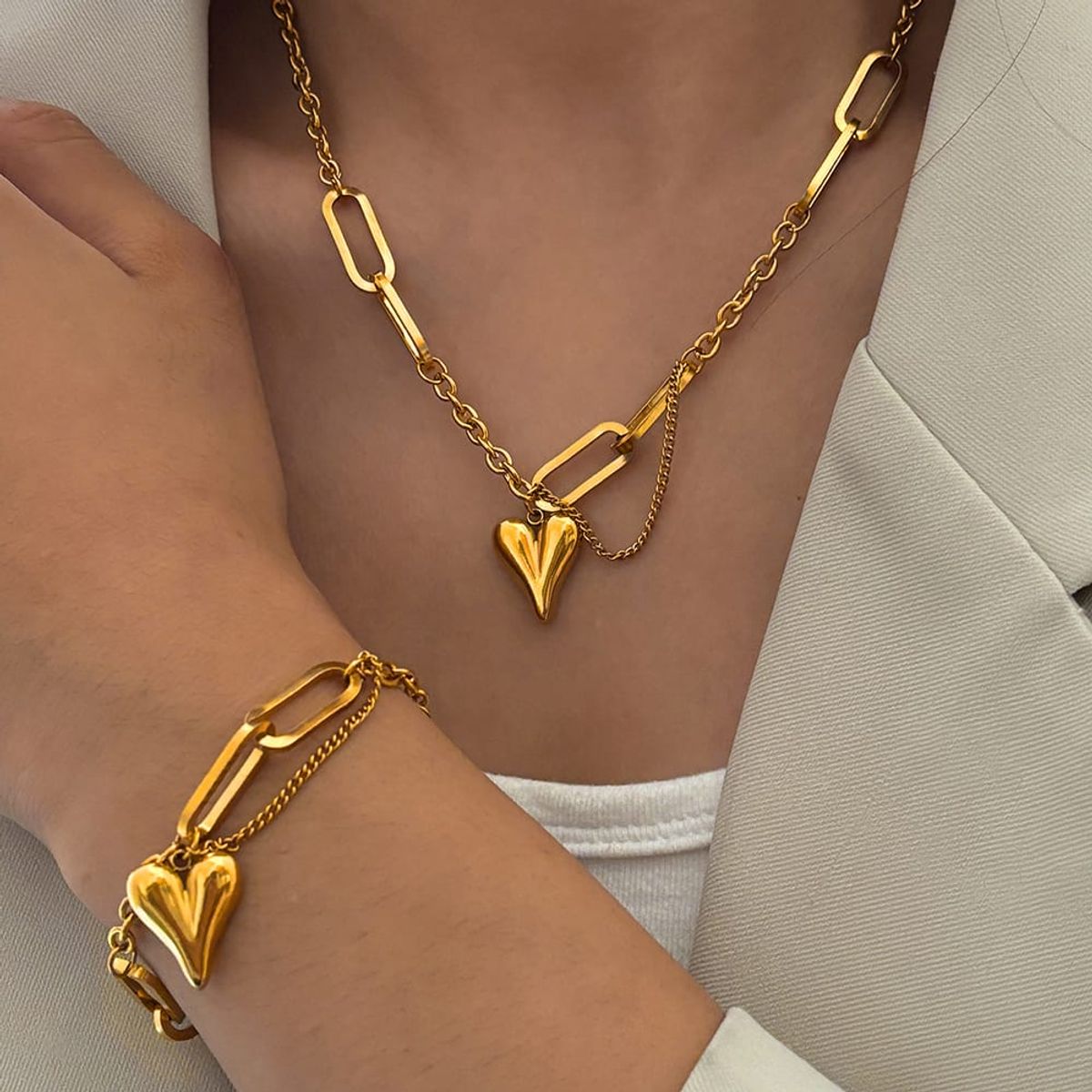 GENERICO - Set de Collar y Pulsera Corazón Gold - Acero Quirúrgico