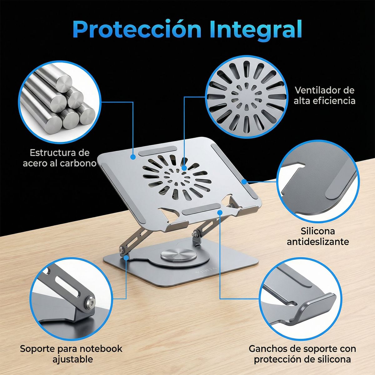 VIDITA - Soporte Notebook con Ventilador Ajustable 360° Acero 17”