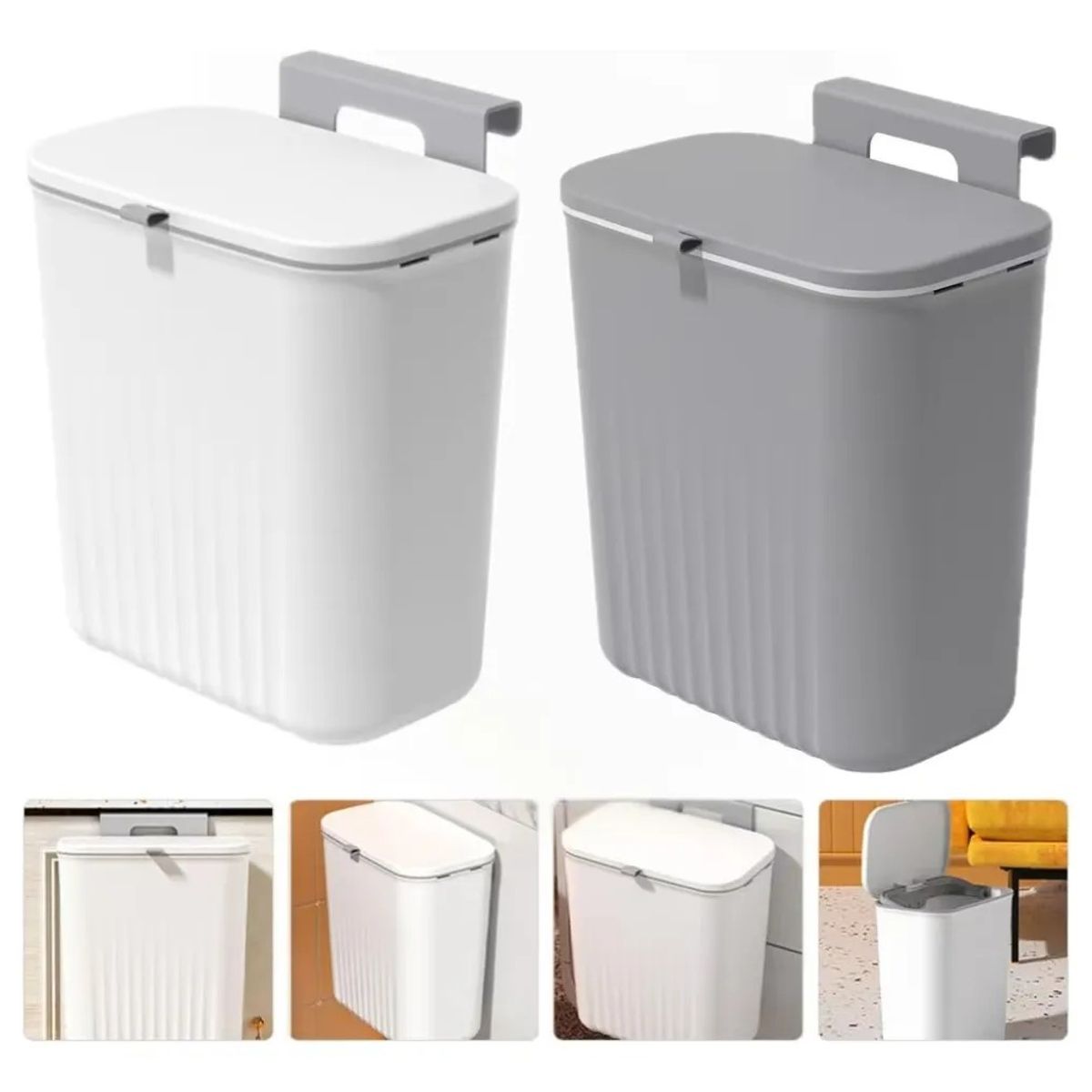 KUANGYE - Kit De 2 Basurero Colgante 9l Cubo Para Cocina Multiuso Blanco Y Gris
