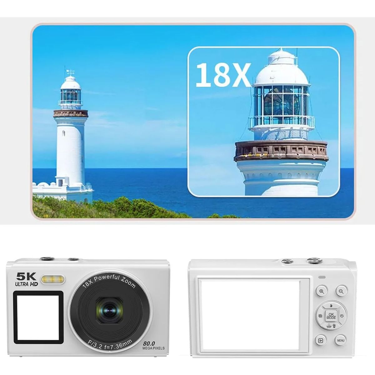 EVERSO - Cámara Digital 5k Portátil Pantalla Dual Con Luz De Relleno Blanco