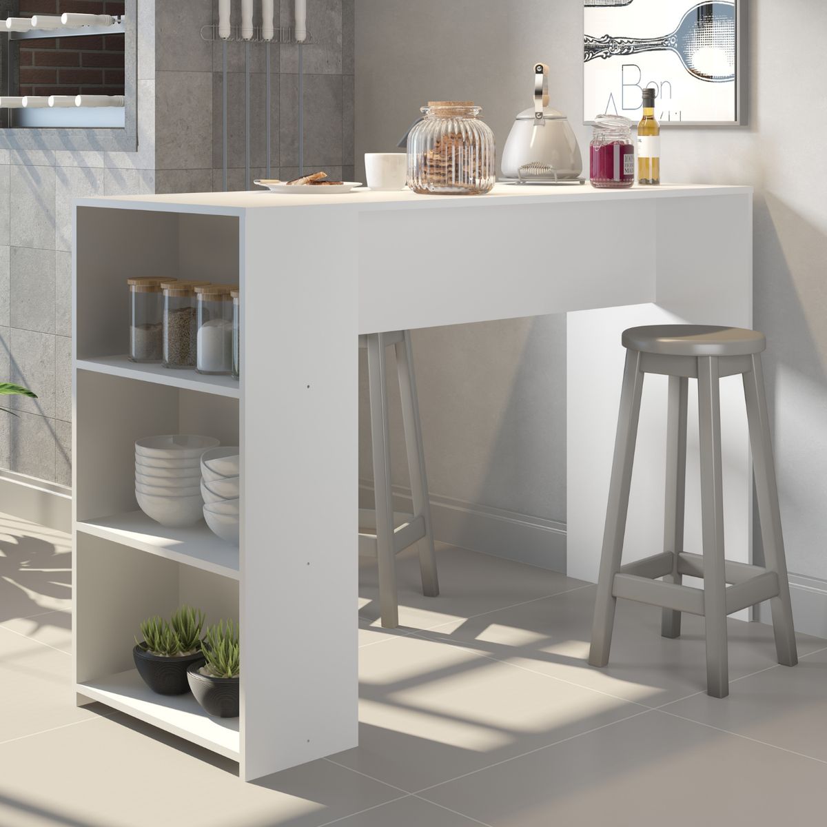 EXIT - Mesa Comedor Diario Isla con Estantes 136x50x93 cm