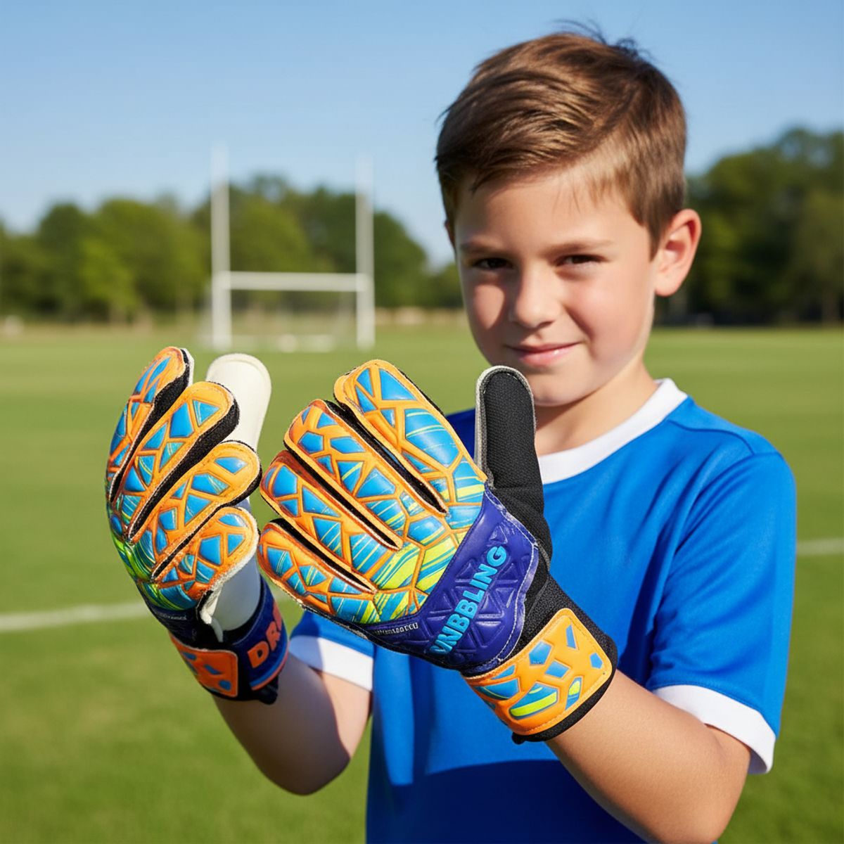 DRB - Guantes Arquero Futbol Con Ferula Para Niños Drb Rainbow Azul Talla 6