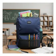 EKOL TACTICA MILITAR - Mochila Escolar Reforzada Negra Azul Gran Capacidad y Multibolsillos Incluye Puerto USB - Cable