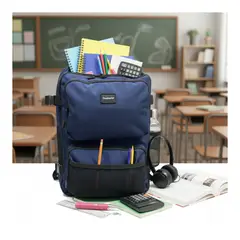 EKOL TACTICA MILITAR - Mochila Escolar Reforzada Negra Azul Gran Capacidad y Multibolsillos Incluye Puerto USB - Cable