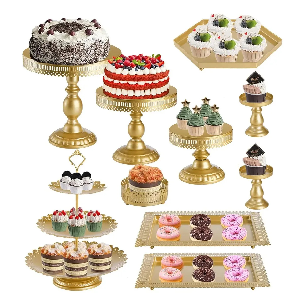 EVERSO - Set 10 Piezas Porta Torta Queques Donas Bandejas Reposteria Dorado