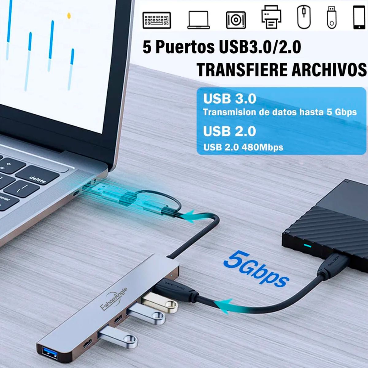 GENERICO - Hub Adaptador Usb Tipo C 7 En 2 Para Mac Macbook Windows Pc