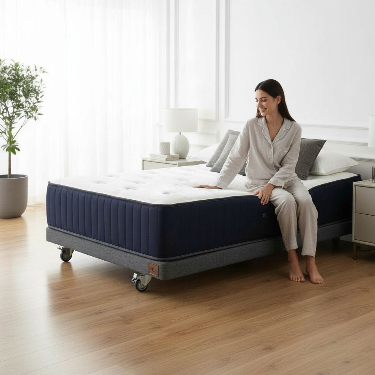 BLOCCARE - Cama 1.5 Plaza Box 8 cm + Colchon CIC L200 cm -  Premium / Con Refuerzo - Rueda Deluxe (Gris)