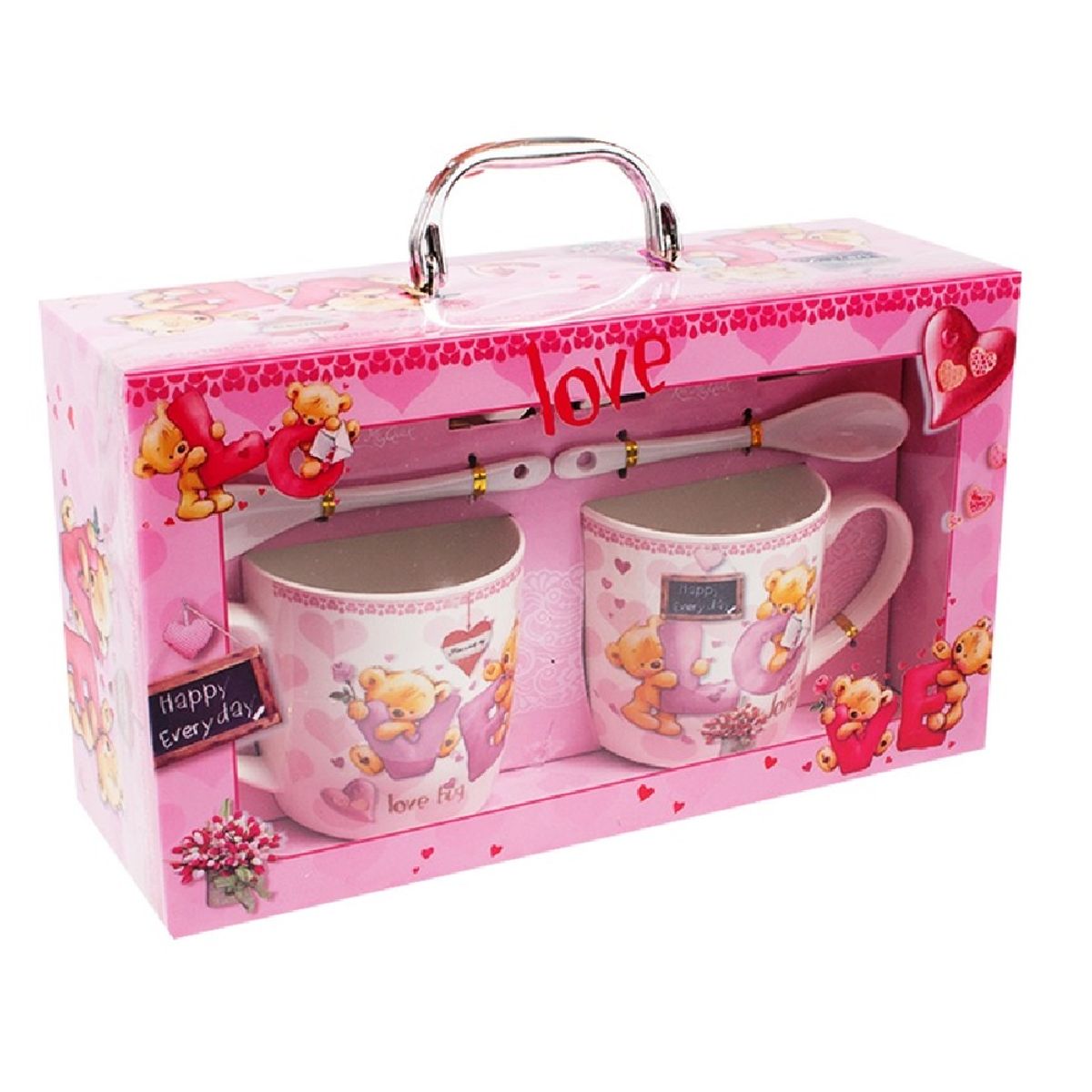 GENERICO - Juego de 2 tazas, platos y cucharas Love San Valentin