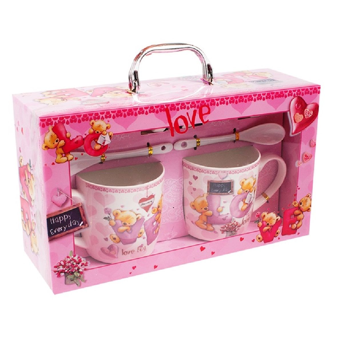 GENERICO - Juego de 2 tazas, platos y cucharas Love San Valentin