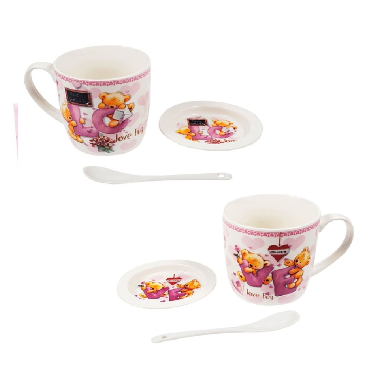 GENERICO - Juego de 2 tazas, platos y cucharas Love San Valentin