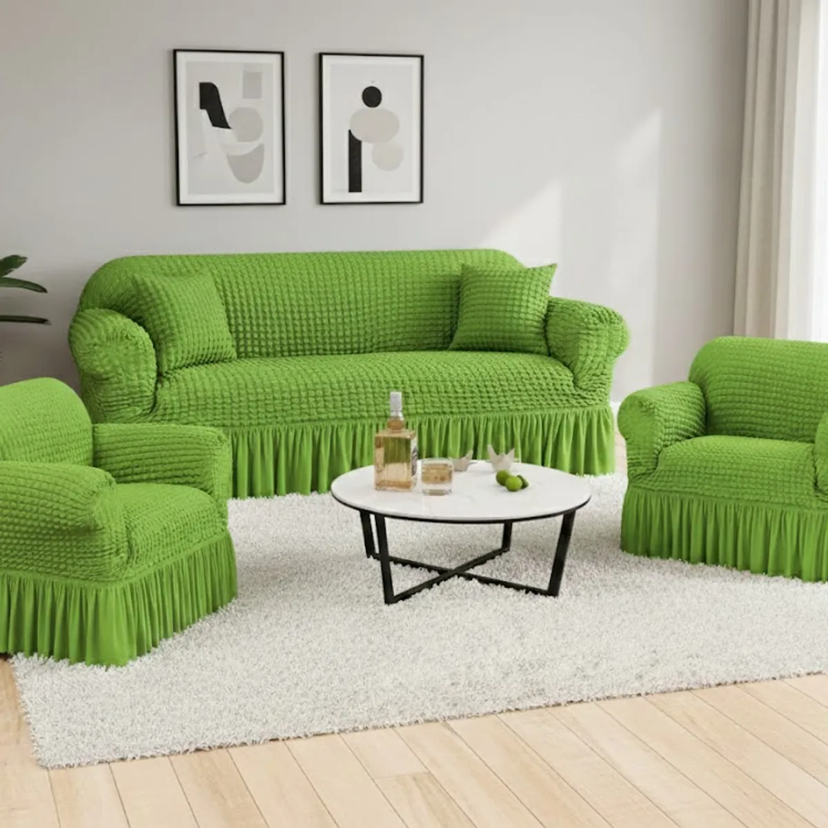 DIANA - FUNDA PARA SILLON 3+1+1 ELEGANTE MODELO TURCO UNICOLOR VERDE CLARO SET DE 3 FUNDAS