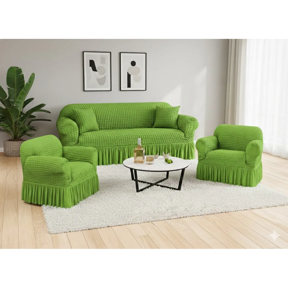 DIANA - FUNDA PARA SILLON 3+1+1 ELEGANTE MODELO TURCO UNICOLOR VERDE CLARO SET DE 3 FUNDAS